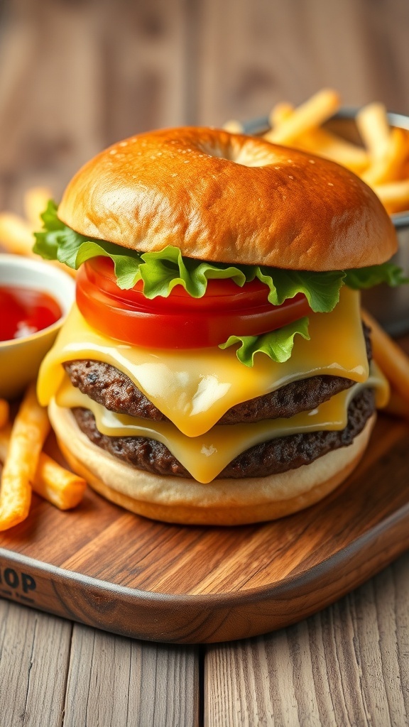 A delicious hamburger with lettuce, tomato, and cheese on a bun, served with fries and ketchup.
